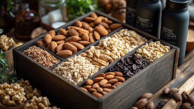 Fitness themed gift box with protein rich dry fruits like almonds pistachios and cashews arranged with protein bars water bottles and resistance bands for workout motivation