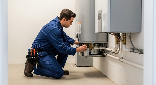 Professional Plumber Technician Servicing Residential Water Heater System in Utility Room