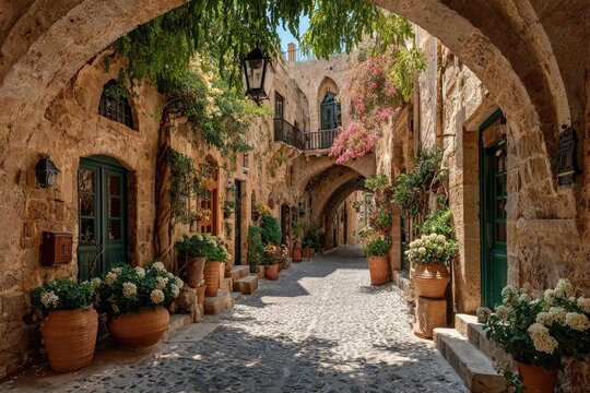 Picturesque, sun-drenched alleyway in a historic Mediterranean town, with arches, stone buildings, vibrant flowers, and terracotta pots