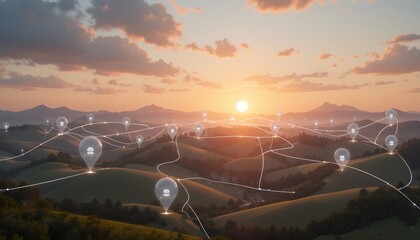Network connections symbolized by glowing pins over rolling hills during sunset with expansive sky