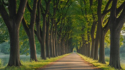 Pathway through a Lush TreeLined Avenue in a Park