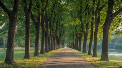 Obraz premium Pathway through a Lush TreeLined Avenue in a Park