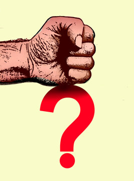 Fist suppressing red question mark as concept for oppression and censorship