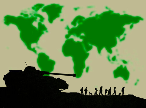 Refugee concept with tank and global conflict silhouette illustration