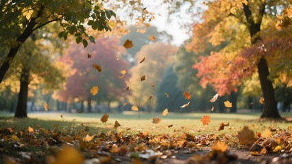 Beautiful autumn landscape with. Colorful foliage in the park. Falling leaves natural background
