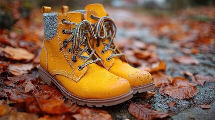 Yellow boots rest on wet autumn leaves