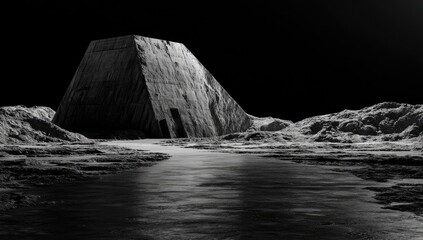 Monochromatic digital rendering of a truncated pyramid-shaped structure on a desolate, lunar-like landscape under a stark, black sky