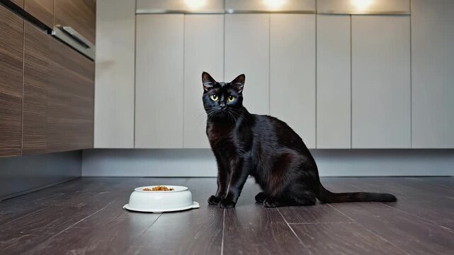 Domestic cat standing next to a food bowl, looking up with anticipation, soft indoor lighting, cozy and relatable moment
