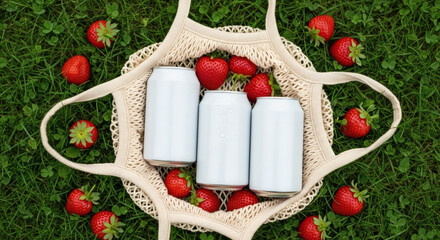 Refreshing Beverage with Strawberries in a Cotton Bag, Summertime Refreshments in an Eco-Friendly Cotton Mesh Bag