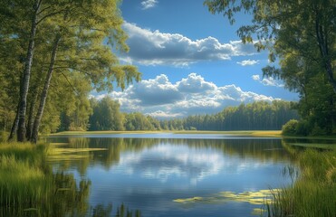 Serene summer lake reflecting lush green forests and a vast blue sky with drifting white clouds