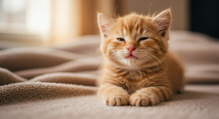 Adorable ginger kitten resting on a soft blanket.