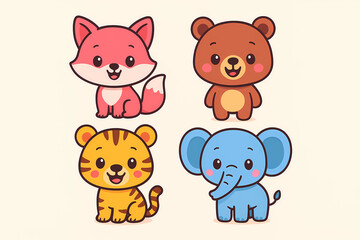 Adorable collection of vibrant cartoon baby animals featuring a playful fox, cuddly bear, cute tiger, and friendly elephant, perfect for children's designs and happy themes.