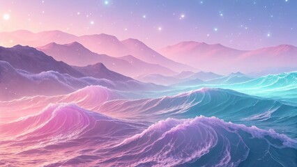 A dreamy ocean landscape where pastel waves kiss the shore under a star kissed sky with soft dreamy