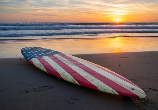 Patriotic American Flag Surfboard on Sandy Beach at Glorious Sunset Horizon