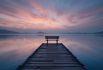 Obraz premium Serene wooden pier leading to a solitary bench overlooking calm reflective waters at dusk