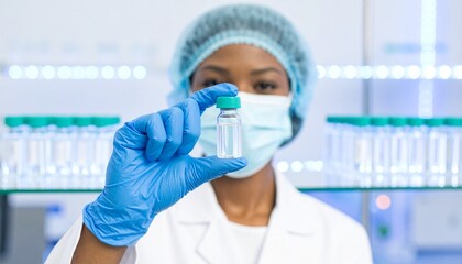 A female scientist in a laboratory conducts a chemical analysis with test tubes and a solution