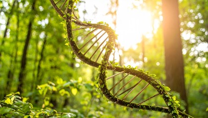 A mosscovered dna helix stands in a sunlit forest