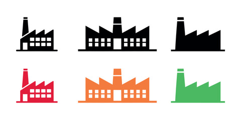 Fototapeta premium Colorful factory building icon set with chimney in black, red, orange, and green
