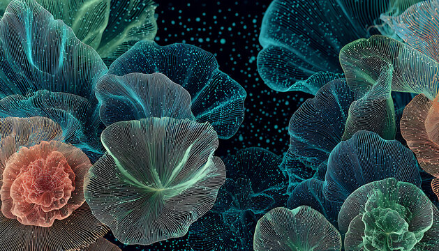 Ethereal translucent floral forms with delicate wireframe structures and glowing particles abstract flower