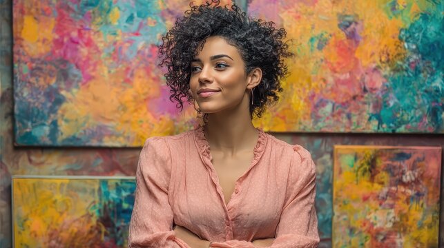 Confident curly-haired woman poses in front of vibrant abstract paintings. Perfect for articles on creativity, art, design, or female empowerment.