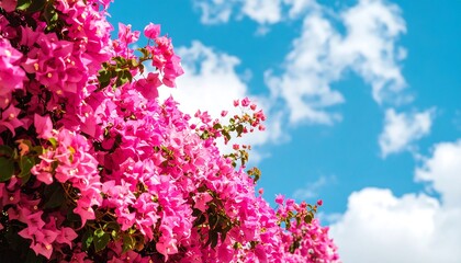 Vibrant pink flowers against a bright blue sky with fluffy white clouds