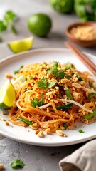 Authentic Thai Pad Thai Noodles with Fresh Peanuts and Lime Garnish