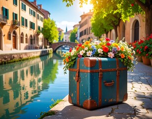 Vintage suitcase overflowing with colorful flowers sits beside a tranquil canal in a sun-drenched European town