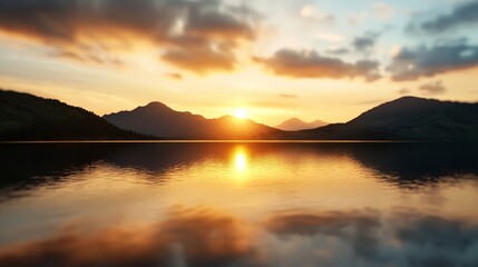 Naklejka premium Vibrant Digital Art of a Realistic Sunset Reflected in Water with Mountains and Clouds in the Background