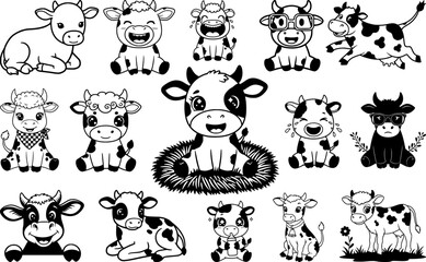 Adorable cartoon baby cow silhouettes and line art collection with various poses and expressions creates charming farm animal character design set