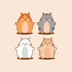 Cute Chubby Cats Cartoon Illustration Set – Kawaii Animal Clipart in Four Colors