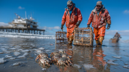 Two People Harvesting Crabs On A Sunny Beach Day