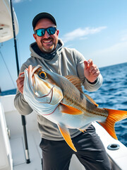 Fototapeta premium Sport fishing for deep sea on a yacht in the ocean. A contented male angler clutching a larger, grenadier fish