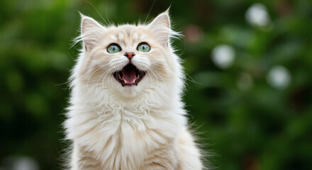 A cream-colored cat with emerald eyes gazes upward, mouth agape.