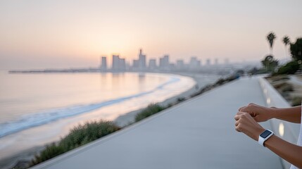 Woman Adjusting Smartwatch Strap at Sunset Beach Cityscape