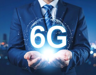 Businessman holding a holographic 6G network sphere