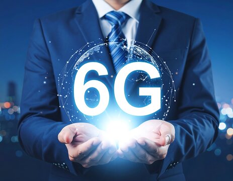 Businessman holding a holographic 6G network sphere
