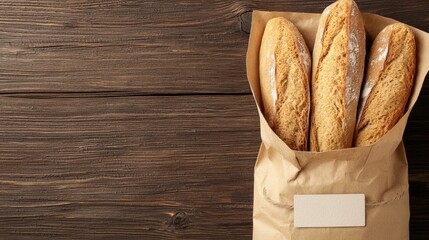 Gluten free baking ingredients, A paper bag holds three freshly baked baguettes, resting on a rustic wooden surface, showcasing a warm and inviting atmosphere.