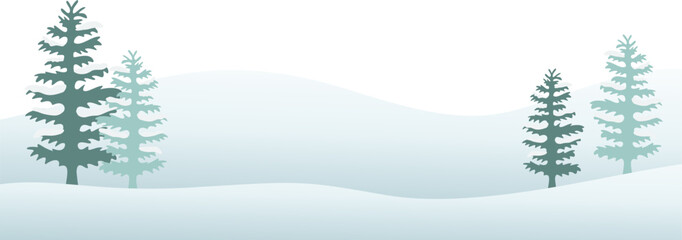 Winter landscape with snowy hills and pine trees. Winter border frame background