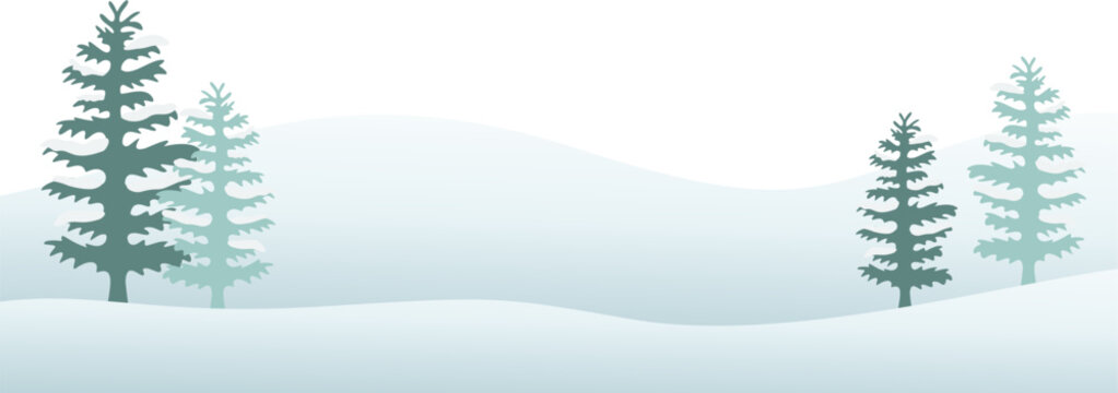 Winter landscape with snowy hills and pine trees. Winter border frame background