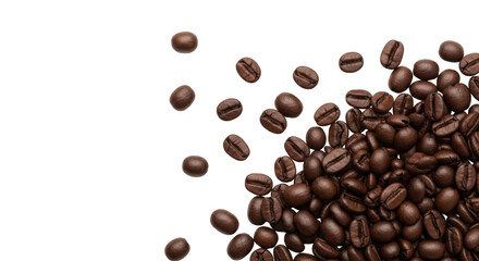 Naklejka premium Dark roasted arabica coffee beans, rich deep brown with an oily sheen, prominent fissure, scattered organically on a pristine transparent background with generous copy space, flat lay UHD. Concept for