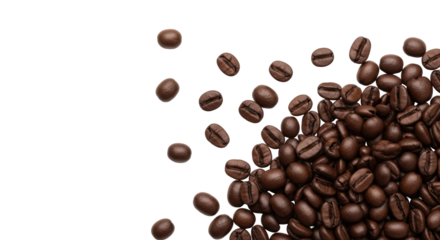 Dark roasted arabica coffee beans, rich deep brown with an oily sheen, prominent fissure, scattered organically on a pristine transparent background with generous copy space, flat lay UHD. Concept for