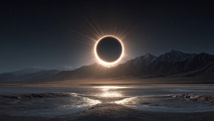 A breathtaking annular solar eclipse over a serene, snow-capped mountain range and a flat, reflective lake. The golden ring of the eclipse is sharply defined against the dark night sky