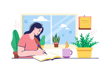 Fototapeta premium Woman writing at desk with plants illustration