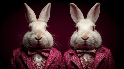Two White Rabbits In Pink Jackets And Bow Ties Against A Dark Red Background