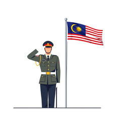 A Malaysian soldier in a green uniform salutes the national flag of Malaysia waving on a flagpole.
