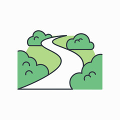 A winding road through a vibrant green landscape with trees and bushes on either side.