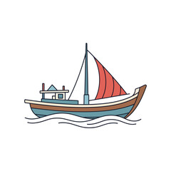 A simple illustration of a small, colorful sailboat sailing on gentle waves, isolated.