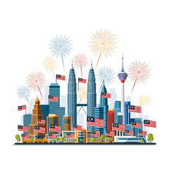 A festive illustration of the Kuala Lumpur skyline with Petronas Towers, Malaysian flags, and fireworks celebrating a national holiday.