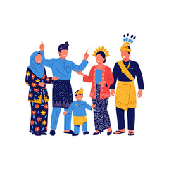 Malaysian family in traditional clothing celebrating a cultural event.