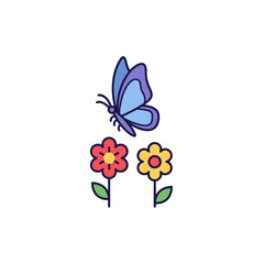 A colorful blue butterfly hovers gracefully above two vibrant red and yellow flowers.